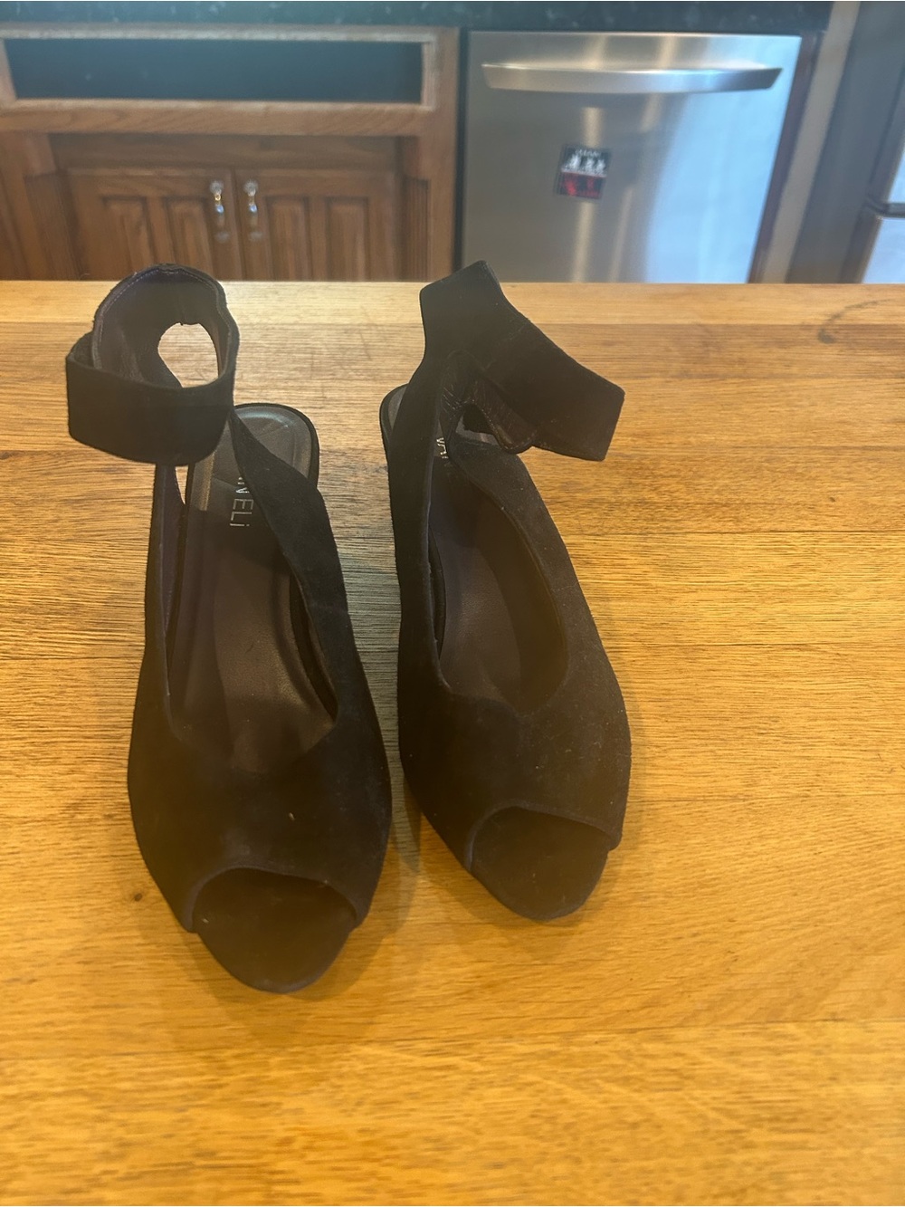Vaneli Black Suede Peep-Toe Wedge Sandals with Ankle Strap